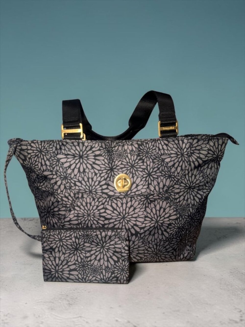 Baggallini Alberta Tote Black Midnight Blossom Twill Brass Shoulder Bag + Pouch